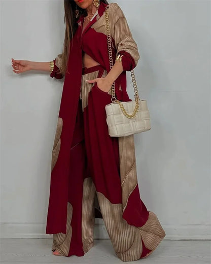 Casual Color Blocked Loose Shirt Top and Pants Two-piece Set