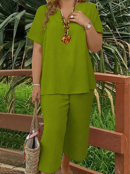 Plus size casual elegant short-sleeved top and wide-leg pants
