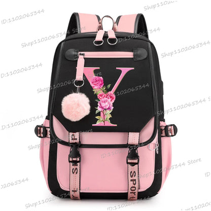 Black Pink Backpacks 26 Initials Flower A-Z Alphabet Large Capacity Students Bookbag