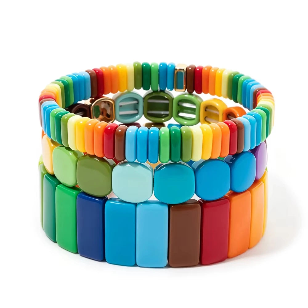 Colorful Acrylic Beaded Elastic Handmade Rainbow Color Bracelets