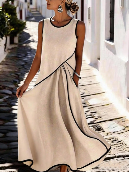 Elegant Casual Color Block Stripe Pocket A-Line Skirt Dress