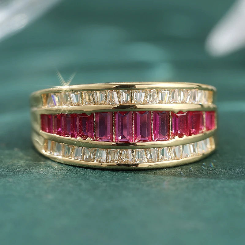 Elegant Inlaid White Pink CZ Exquisite Gold Geometry Rings