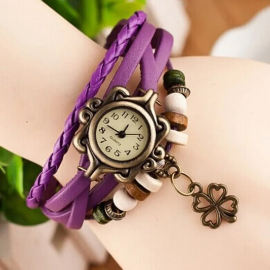 Vintage Leather Bracelet Butterfly Clover Pendant Quartz Watch