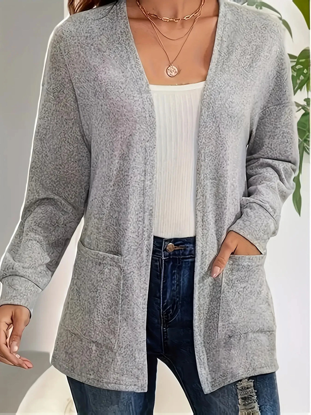 Autumn chic casual solid color pocket thin plus size jacket cardigan