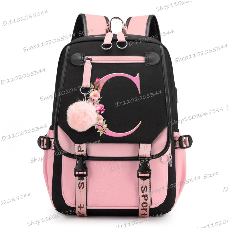 Black Pink Backpacks 26 Initials Flower A-Z Alphabet Large Capacity Students Bookbag