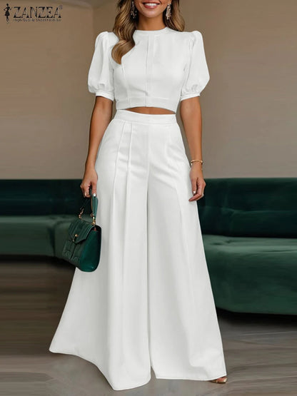 Conjunto de pantalón y pantalón de pierna ancha con manga corta abullonada