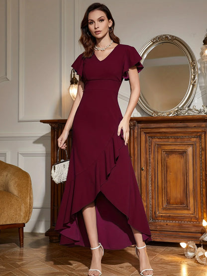Ruffle Hem V Neck Split Elegant Short Sleeve Dress