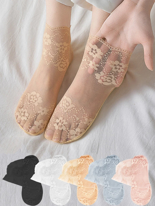 5 Pairs Flower Mesh Lace Transparent Socks