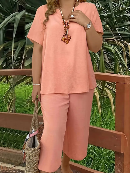 Plus size casual elegant short-sleeved top and wide-leg pants