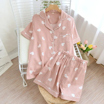 Japanese 100% Cotton Gauze Thin Short-sleeved Shorts Cute Cat Cartoon Pajama Set