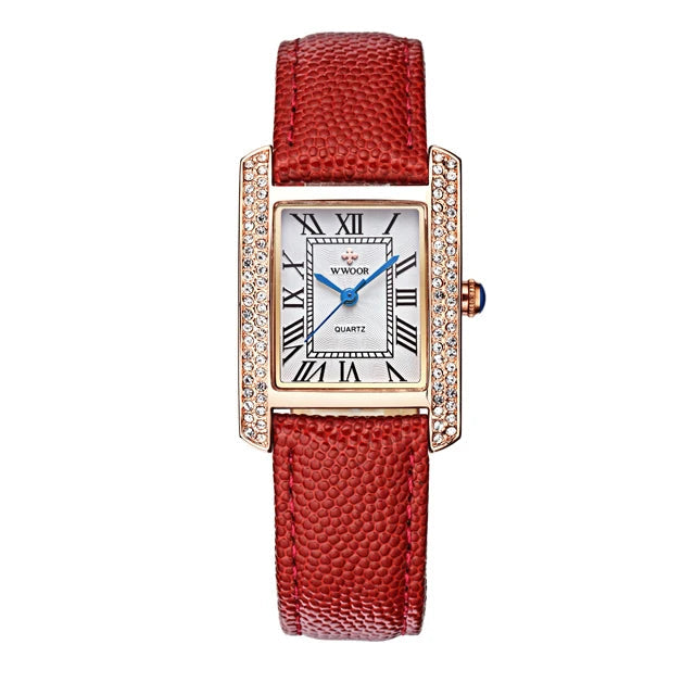 ساعات كوارتز جلدية أنيقة مرصعة بالألماس مربعة الشكل