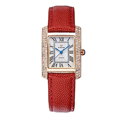 ساعات كوارتز جلدية أنيقة مرصعة بالألماس مربعة الشكل