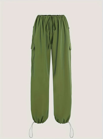Cargo Wide Leg Elastic Drawstring Waist Pocketed Loose Fit Pants