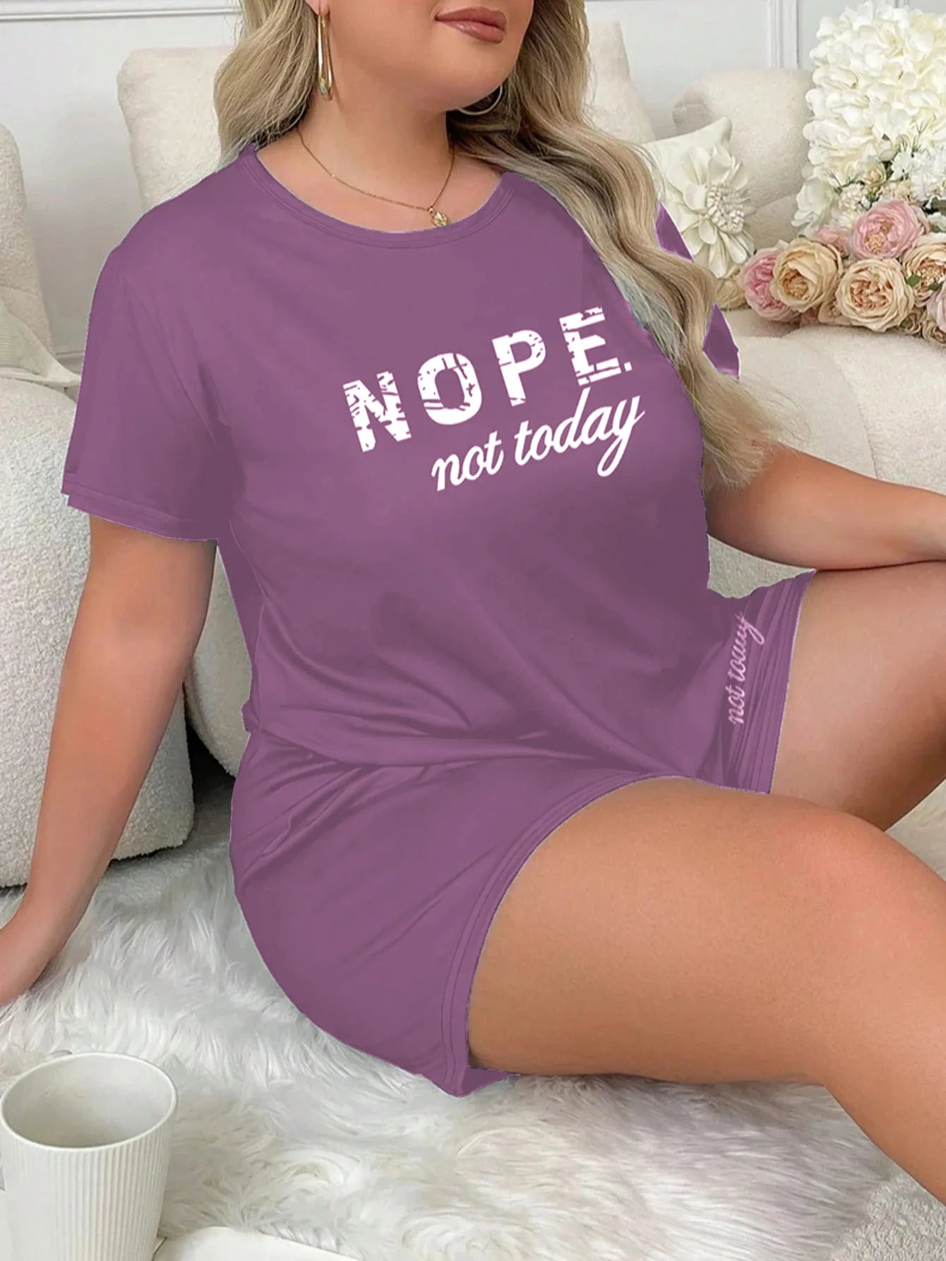 Letters Print Short Sleeve Tee And Elastic Shorts Plus Size Fit Pajama Set