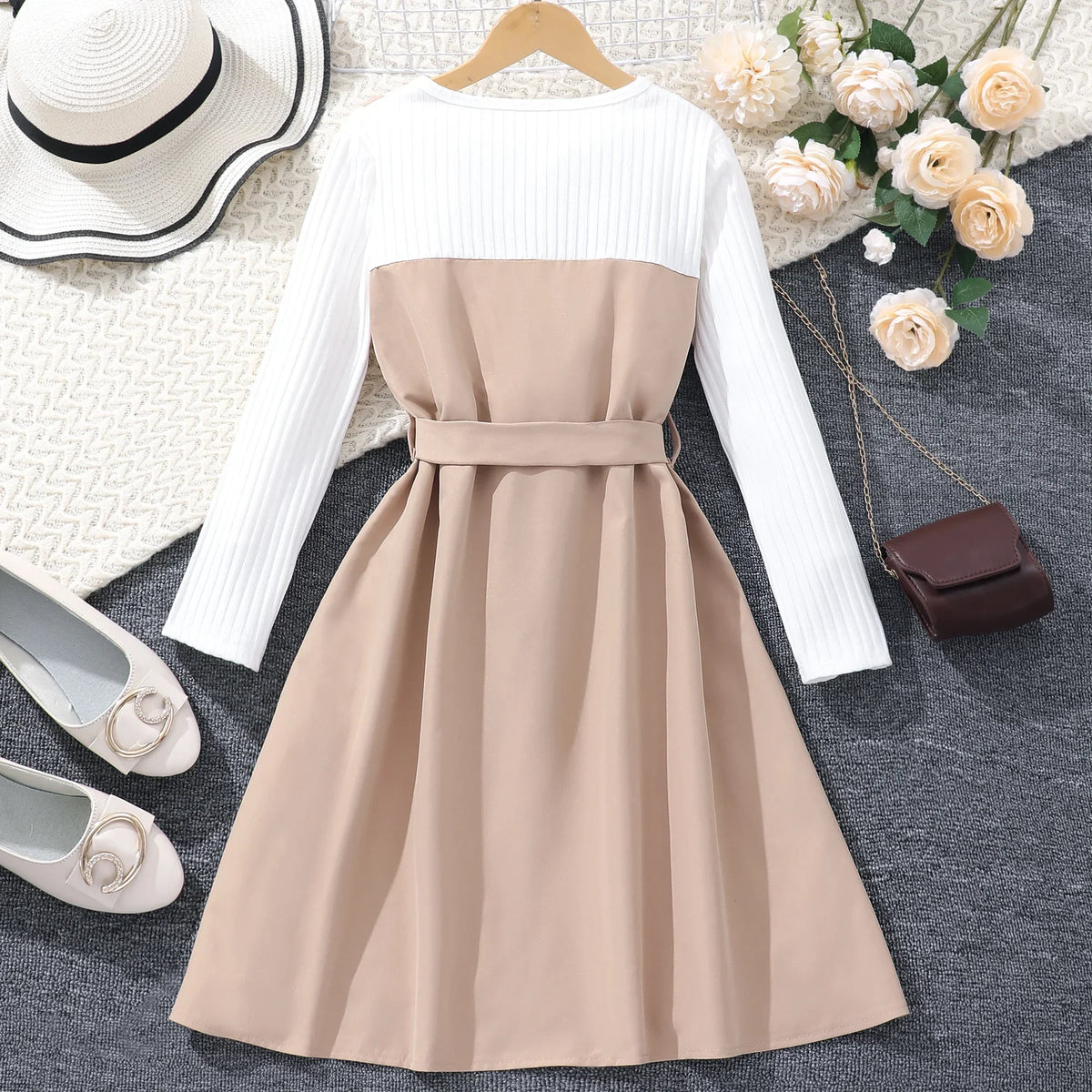 Autumn Winter Belt Button Khaki Soft Sweet Warm Vintage Dress