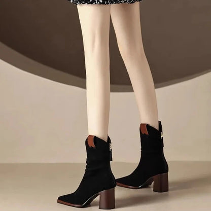 Casual versatile Round Toe shoes Retro Chunky Heel Ankle Boots
