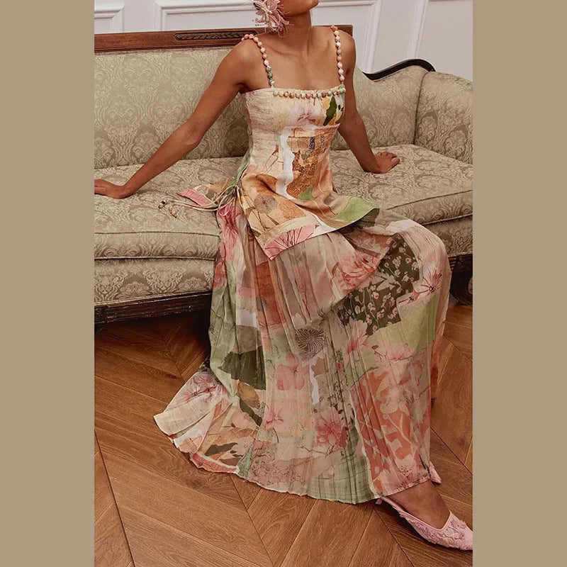 Art Print Beaded Strap Cami & Wide Leg Pants Set