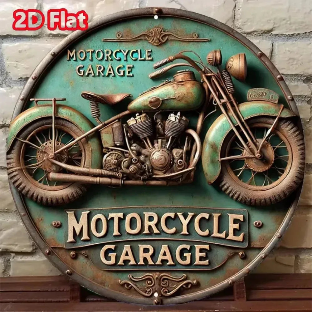 2D Vintage Round Aluminum Motorcycle Rustic Metal