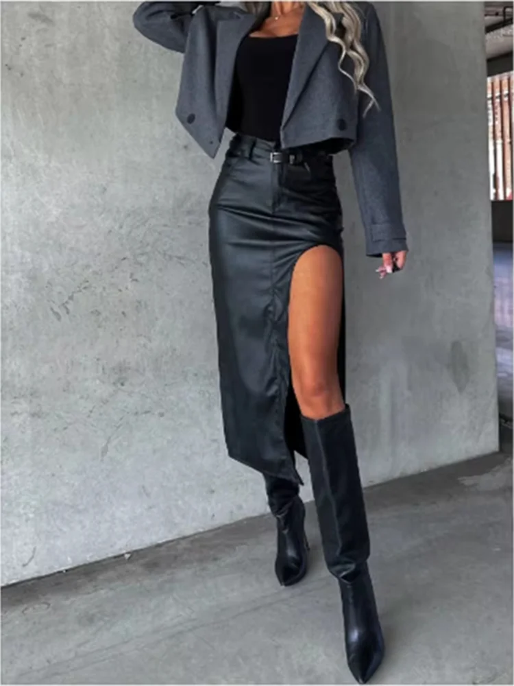 Mid Pu Leather slit sexy Hip Hugging Punk Style Autumn Skirt
