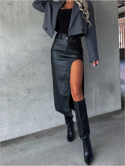 Mid Pu Leather slit sexy Hip Hugging Punk Style Autumn Skirt
