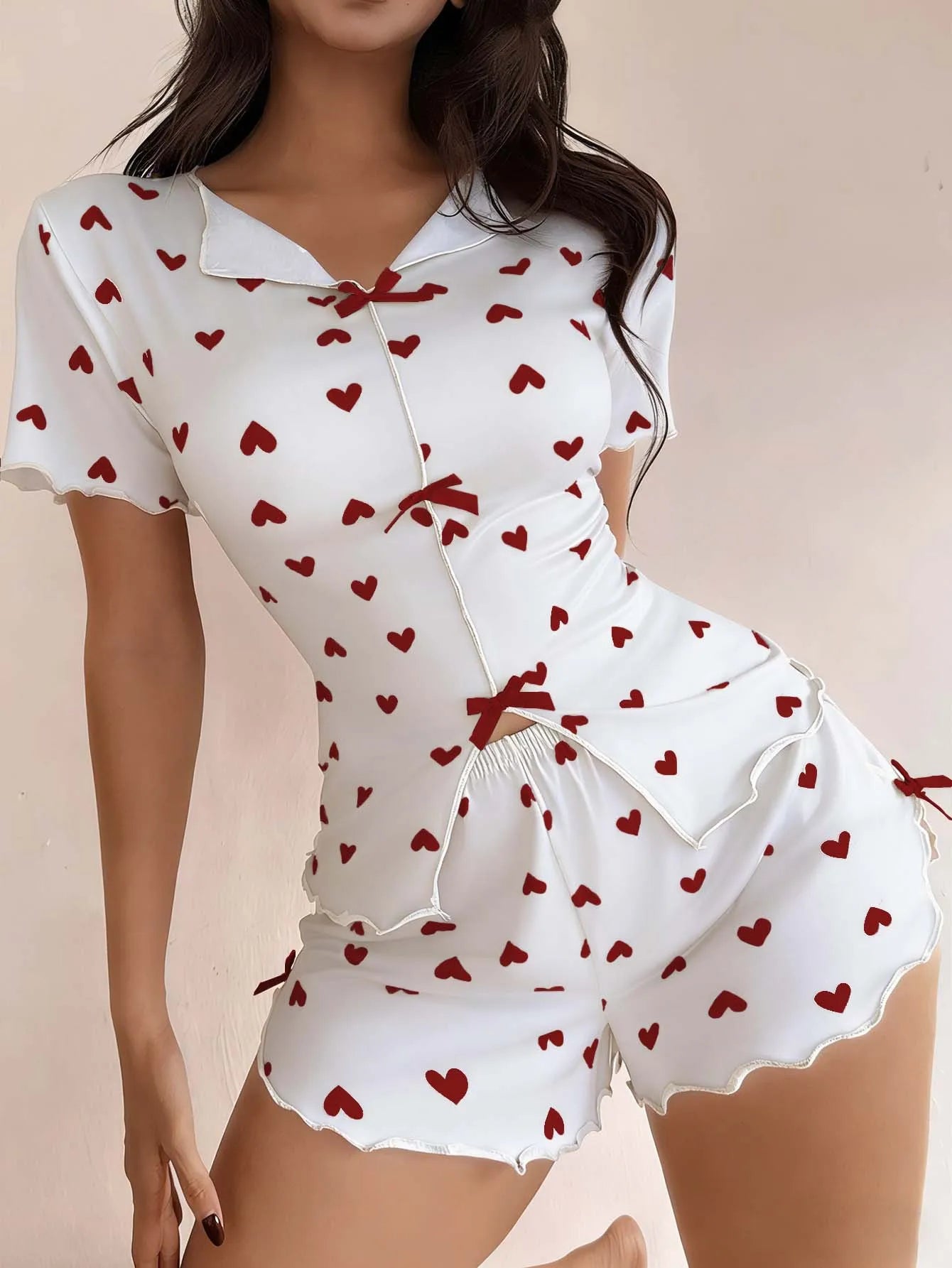Love Printed Collar Short Sleeve Bow Slim Fit Pajamas