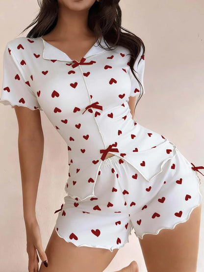 Love Printed Collar Short Sleeve Bow Slim Fit Pajamas