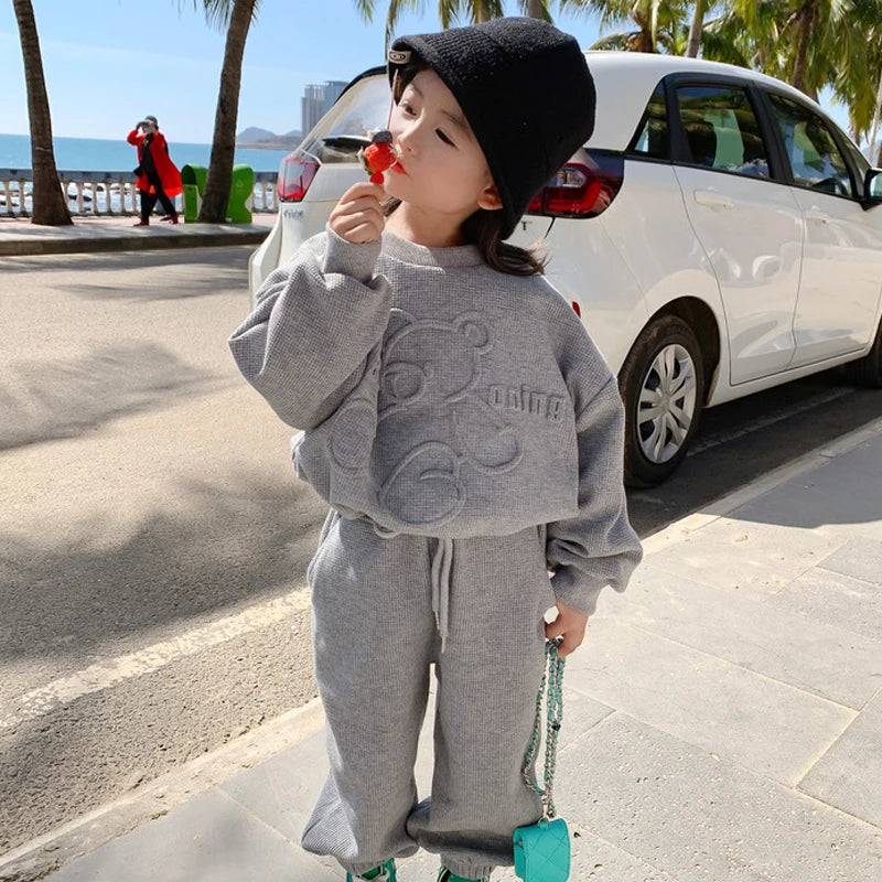3-8 Years Casual Spring Autumn Cartoon Bear Print Long Sleeved Outfit Set