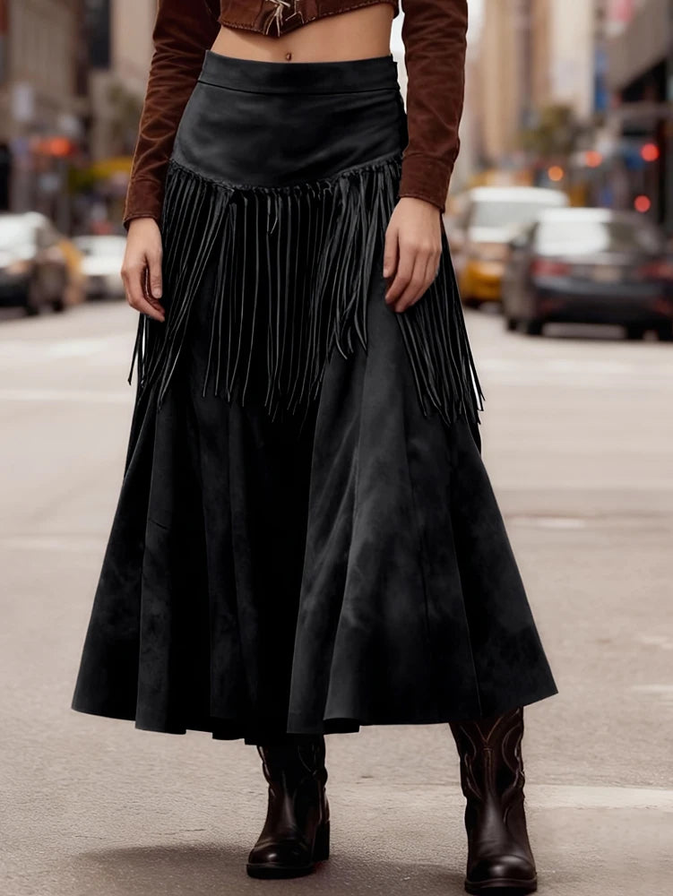 Ethnic Elegant Solid Tassel Slim Fit Midi Skirt