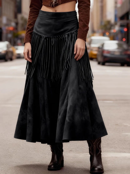 Ethnic Elegant Solid Tassel Slim Fit Midi Skirt