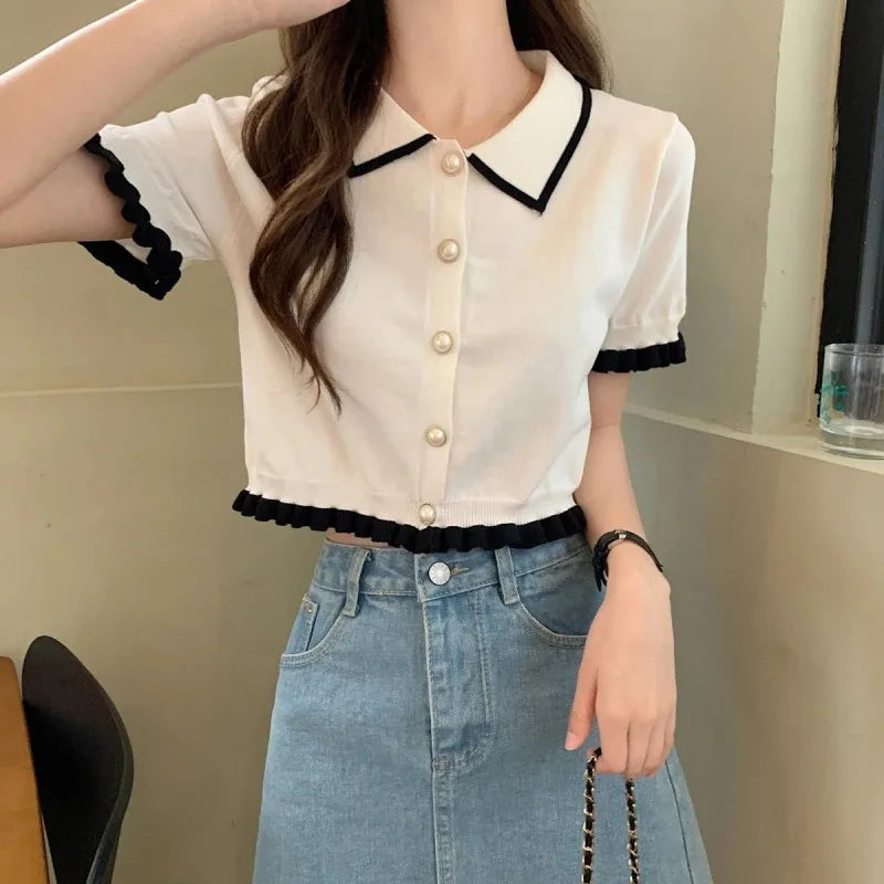 Korean Knitted Turn Down Collar Blouse
