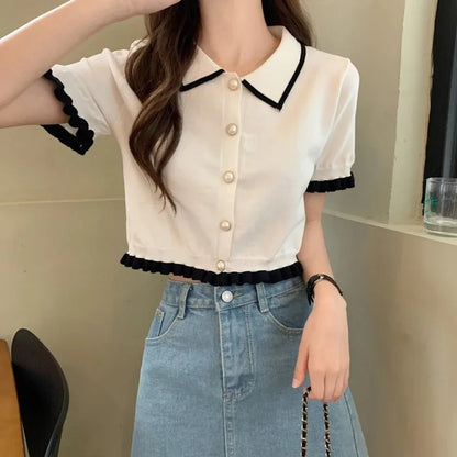 Korean Knitted Turn Down Collar Blouse