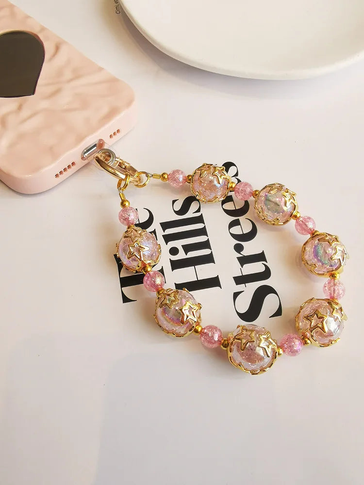 Short Phone Lanyard Wrist Dreamy Starry Sky Crystal Bead