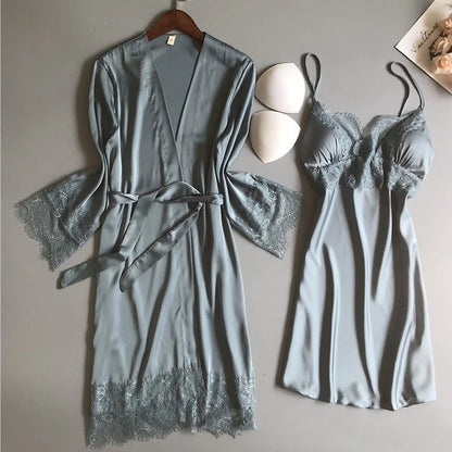 White 5PCS  Satin Sleepwear