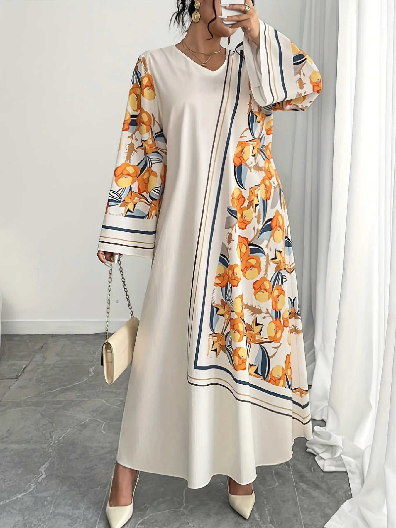 Plus Size Middle East  Ethnic Print Loose Long Sleeve V-Neck Robe Dress