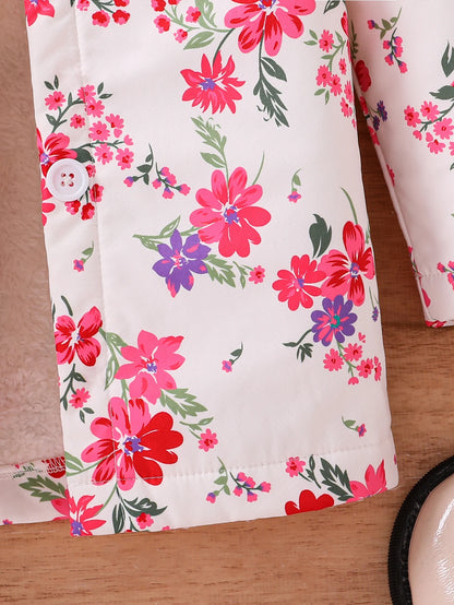 Fall/Winter Girls' Fleece Hooded Single-Breasted Floral Print Coat