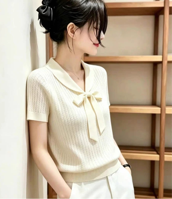 Knitted Bow Collar White Knit Sweater Pullover