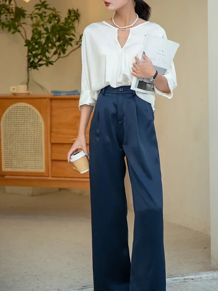High Waist Wide Leg Fit Classic Black Silk Satin Korean Style Pants