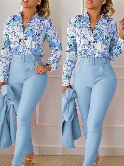 Floral Print Long Sleeve Shirt Pants Sets