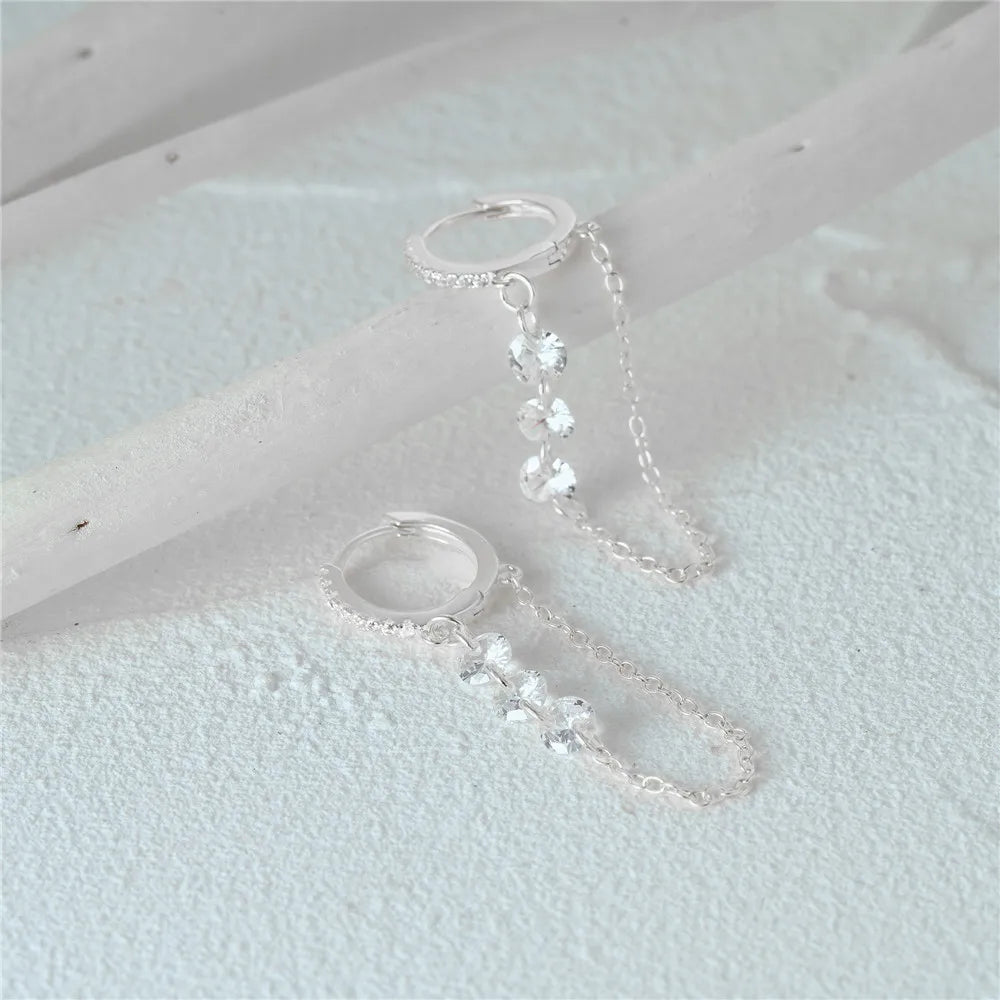 925 Sterling Silver Three Zircon Drop Long Chain Gold Hoop Buckle Piercing Earrings
