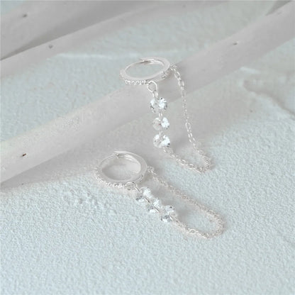 925 Sterling Silver Three Zircon Drop Long Chain Gold Hoop Buckle Piercing Earrings