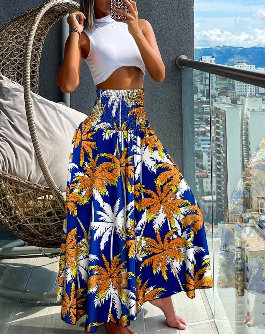 High Waist Long Bohemian Geometric Maxi Skirt S