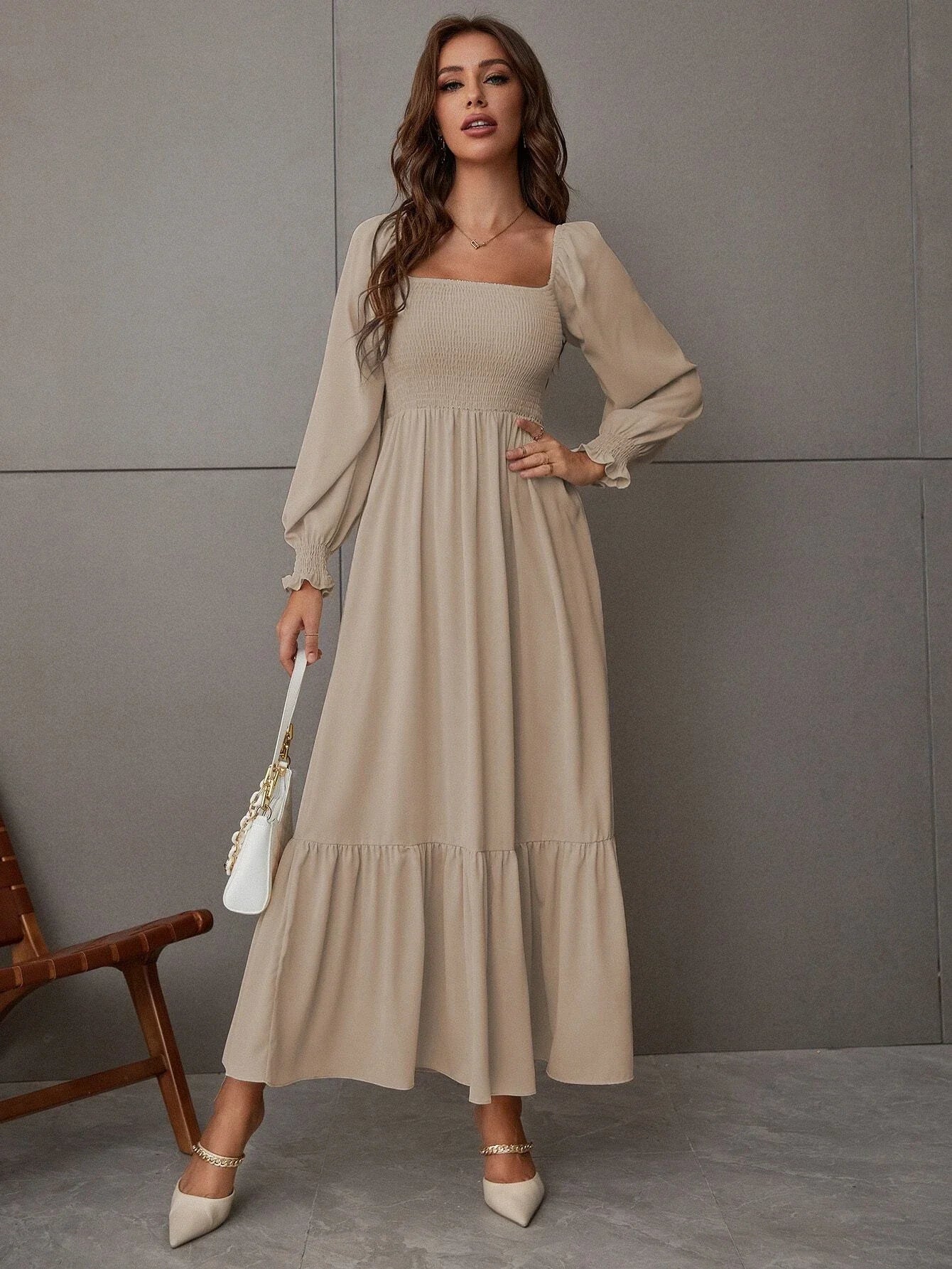 Ruched Ruffle Hem Elegant Shirred Backless Long Dress