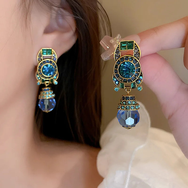 Vintage Blue Water Drop Crystal Clips Earrings