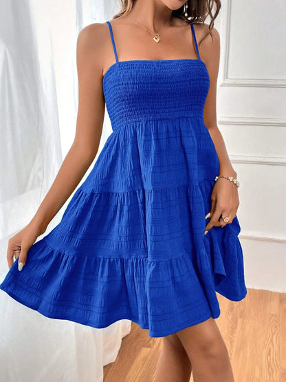 Spaghetti Strap Smocked Bustier Mini Swing Dress