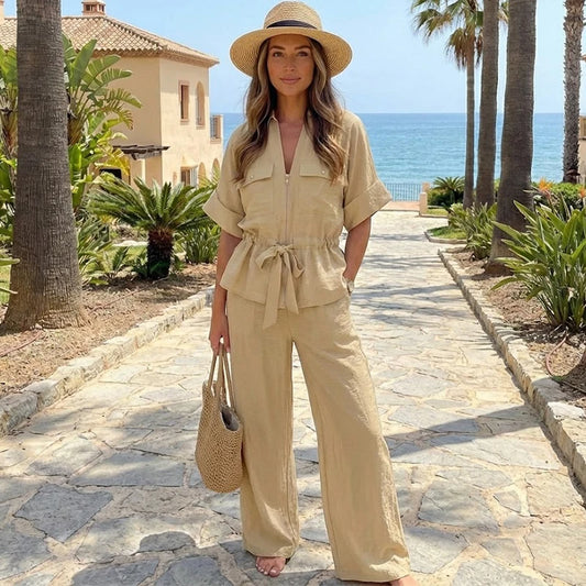 Solid Front Zipper Shirts & Vintage Pants Sets