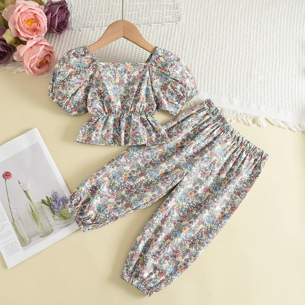 Bear Leader Floral Cartoon Ruffle Sleeve Casual Outfits Set
