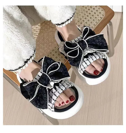 Linen Cute Platform Black Bow Soft Slippers