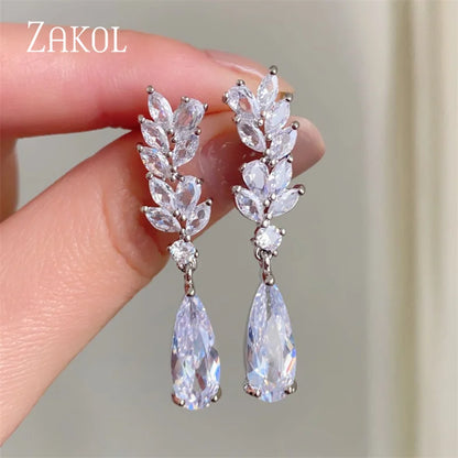 White Zircon Leaf Dangle Shinny Water Drop Crystal Earring