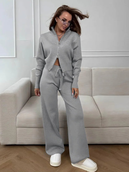 Knit Zip Up Cardigan Wide Leg Soft Fabric Cropped Sets