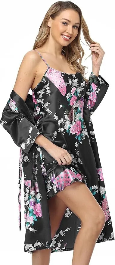 Floral Satin Kimono Robe and Nightgown Bathrobe Set